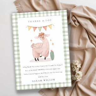Cute Grüne Karierte Kaktus Boho Lama Baby Shower Dankeskarte