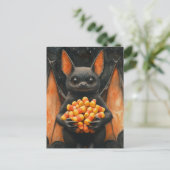 Cute Halloween Bat Cat With Candy Postkarte (Stehend Vorderseite)