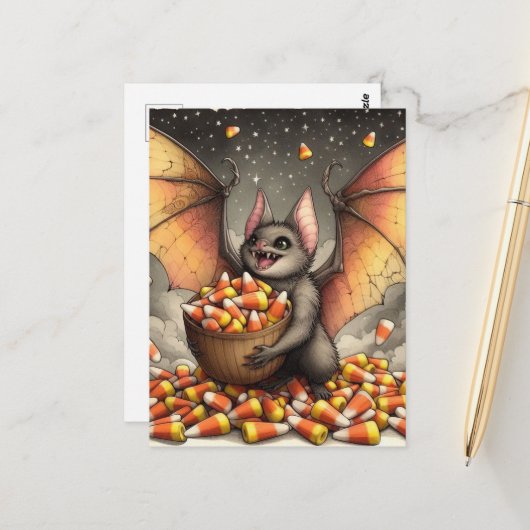 Cute Halloween Bat With Candy Postkarte (Vorderseite/Rückseite Beispiel)