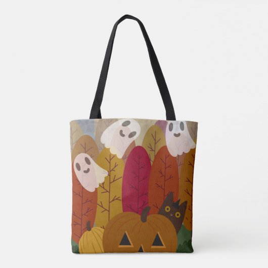 Cute Halloween Black Cat and Ghosts Autumn Pumpkin Tasche (Rückseite)