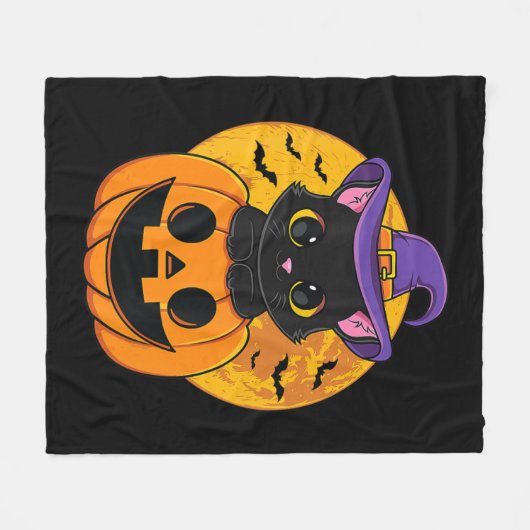 Cute Halloween Black Cat Witch Hat Pumpkin For Kid Fleecedecke (Vorderseite (Horizontal))