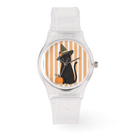 Cute Halloween Black Cat with Witch Hat Pumpkin Armbanduhr