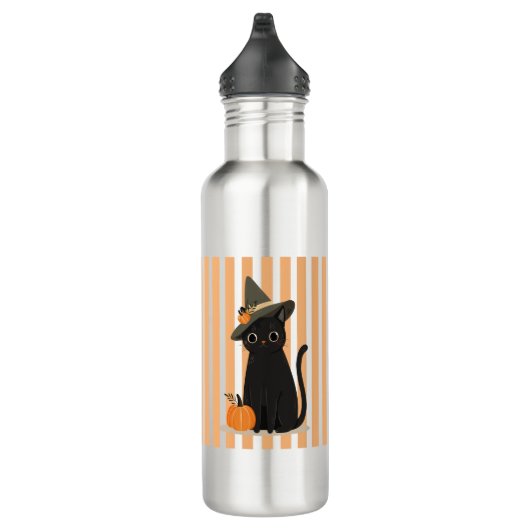 Cute Halloween Black Cat with Witch Hat Pumpkin Edelstahlflasche (Rechts)