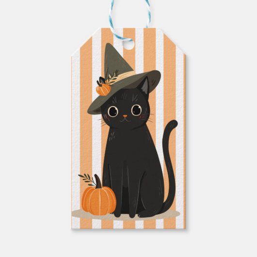 Cute Halloween Black Cat with Witch Hat Pumpkin Geschenkanhänger (Vorderseite)