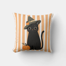 Cute Halloween Black Cat with Witch Hat Pumpkin Kissen
