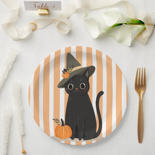 Cute Halloween Black Cat with Witch Hat Pumpkin Pappteller (Hochzeit)