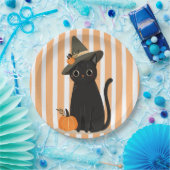 Cute Halloween Black Cat with Witch Hat Pumpkin Pappteller (Party)