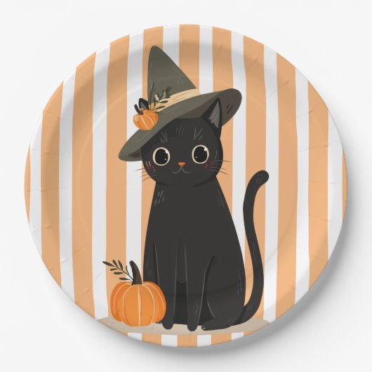 Cute Halloween Black Cat with Witch Hat Pumpkin Pappteller (Vorderseite)