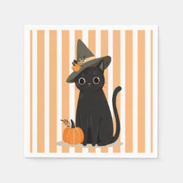 Cute Halloween Black Cat with Witch Hat Pumpkin Serviette