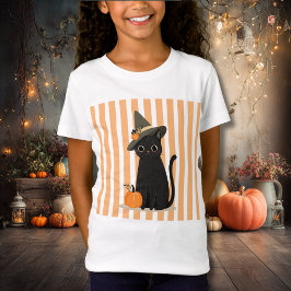 Cute Halloween Black Cat with Witch Hat Pumpkin T-Shirt