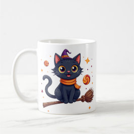 Cute halloween black kitten broom mug kaffeetasse