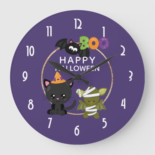 Cute Halloween Cat, Bat & Mummy Boo Große Wanduhr (Vorderseite)
