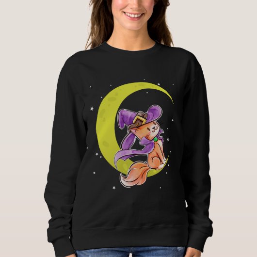 Cute Halloween Cat Costume Witch Hat and Moon Sweatshirt (Vorderseite)