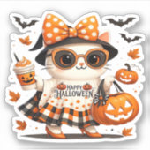 Cute Halloween Cat � Kawaii Witch Kitty with Pumpk Aufkleber (Vorderseite)