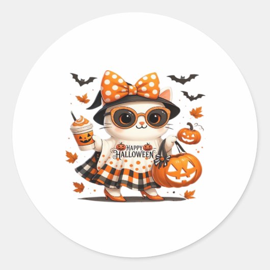 Cute Halloween Cat � Kawaii Witch Kitty with Pumpk Runder Aufkleber (Vorderseite)