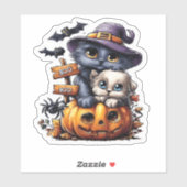 Cute Halloween Cat Sticker � Witch Hat, Pumpkin an (Blatt)