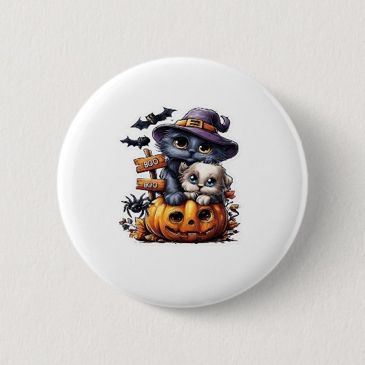 Cute Halloween Cat Sticker � Witch Hat, Pumpkin an Button (Vorderseite)