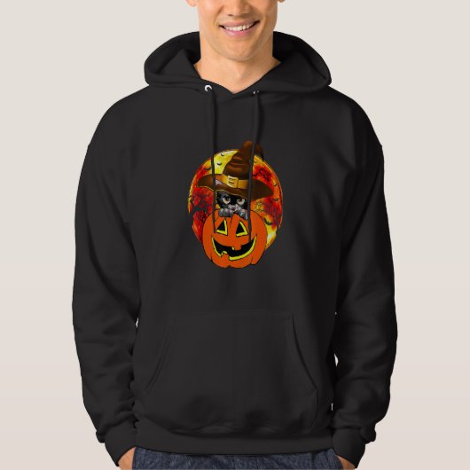 Cute Halloween Cat Witch Hat Pumpkin Scary Pet Moo Hoodie (Vorderseite)