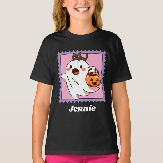 Cute Halloween Ghost Black Cat Pumpkin Add Name T-Shirt (Vorderseite)