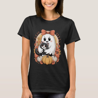 Cute Halloween Ghost Holding Cat Groovy Floral Pum T-Shirt