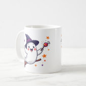 Cute halloween ghost on broomstick mug kaffeetasse (Vorderseite Links)
