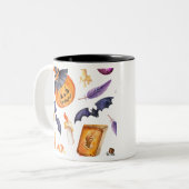Cute Halloween illustration with pumpkin and bats Zweifarbige Tasse (Vorderseite Links)