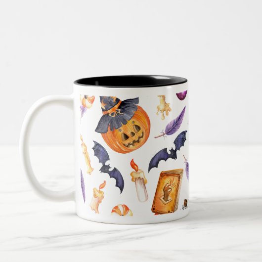 Cute Halloween illustration with pumpkin and bats Zweifarbige Tasse (Links)