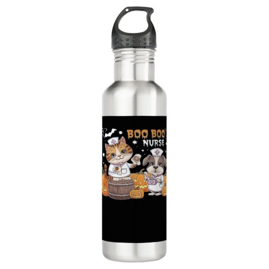 Cute Halloween Nurse Cat and Dog with Pumpkins Cla Edelstahlflasche (Vorderseite)