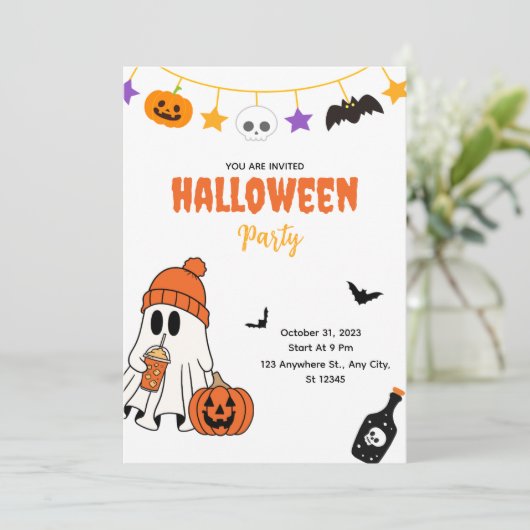 Cute Halloween Party Invitation with Ghost Einladung (Stehend Vorderseite)