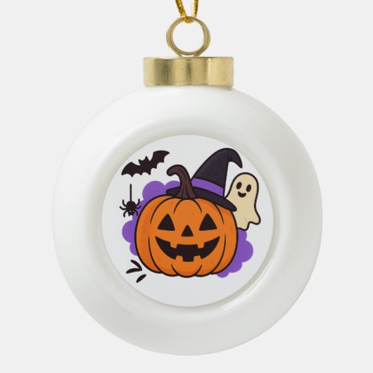 Cute Halloween Pumpkin with Witch Hat – Ghost & Ba Keramik Kugel-Ornament (Vorderseite)
