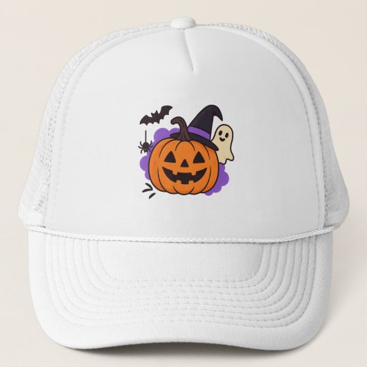 Cute Halloween Pumpkin with Witch Hat – Ghost & Ba Truckerkappe (Vorderseite)