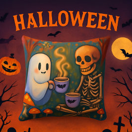 Cute Halloween Skeleton Ghost Drinking Coffee Deco Kissen