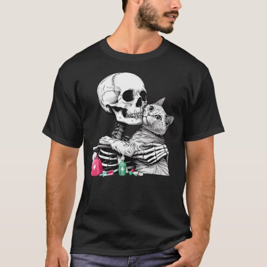 Cute Halloween Skeleton Hug Cat Vet Tech Veterinar T-Shirt (Vorderseite)