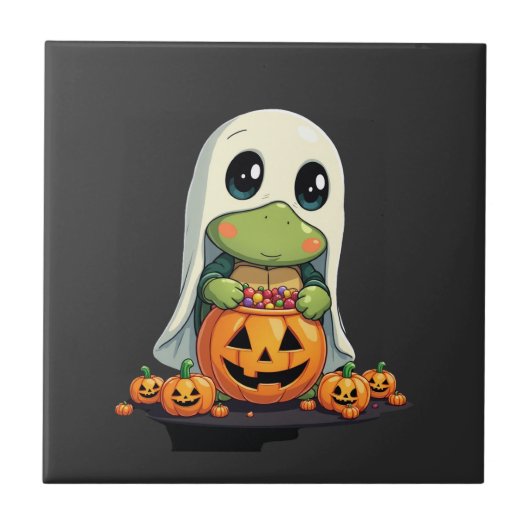 Cute Halloween Turtle Ghost with Candy (5) Fliese (Vorderseite)