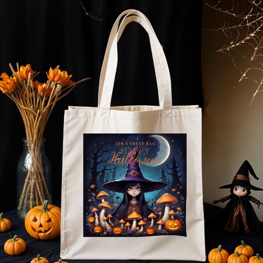 Cute Halloween Witch in Spooky Scene with Pumpkins Tragetasche