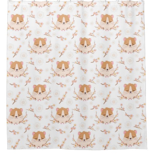 Cute Hamster Face and Pink Flowers Pattern Bath Duschvorhang (Vorderseite)