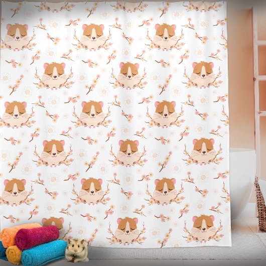 Cute Hamster Face and Pink Flowers Pattern Bath Duschvorhang