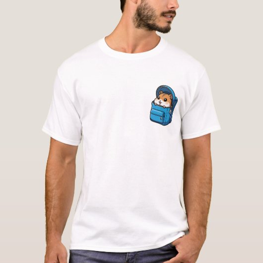 Cute Hamster Peeking Out of Blue Backpack Cartoon T-Shirt (Vorderseite)