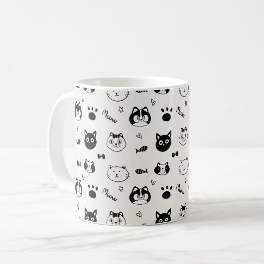 Cute Hand-drawn Cat Faces Doodle Pattern Kaffeetasse (Vorderseite Links)