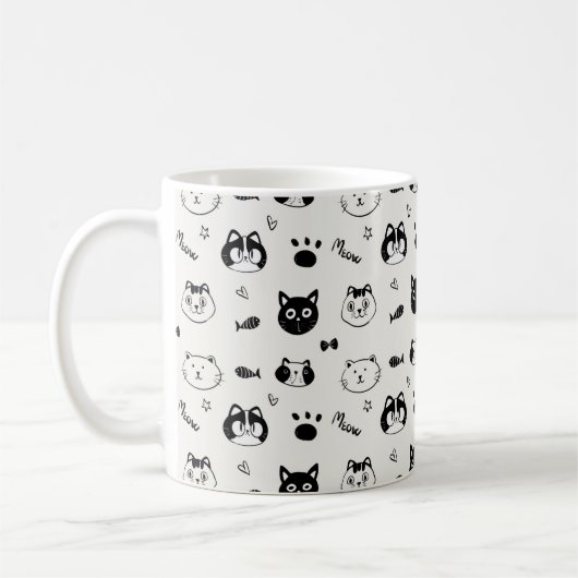 Cute Hand-drawn Cat Faces Doodle Pattern Kaffeetasse (Links)