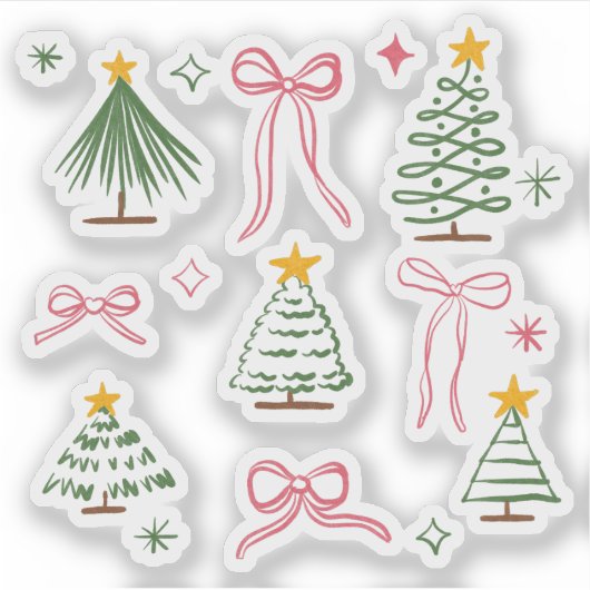Cute Hand Drawn Christmas Trees and Bows Pattern Aufkleber (Vorderseite)