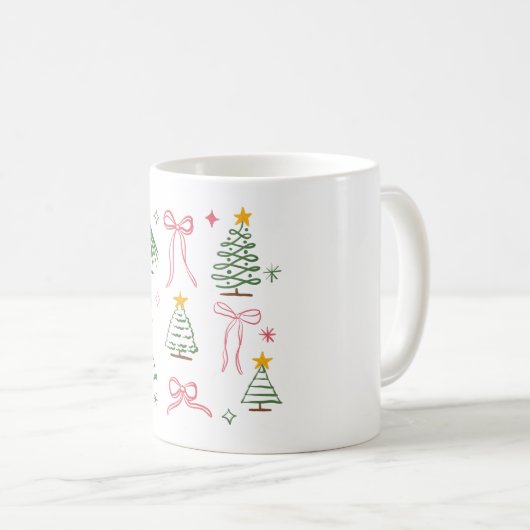 Cute Hand Drawn Christmas Trees and Bows Pattern Kaffeetasse (VorderseiteRechts)