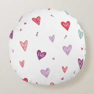 Cute Hand-Drawn Colorful Hearts Round Pillow Rundes Kissen