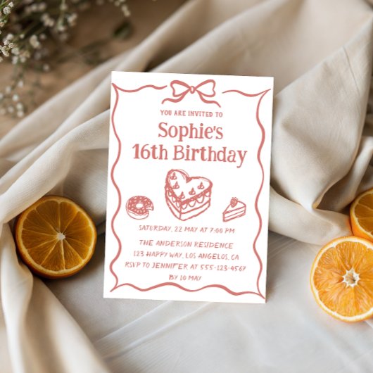Cute Hand-Drawn Sweets & Ribbon Sweet 16 Birthday Einladung