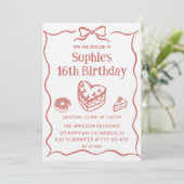 Cute Hand-Drawn Sweets & Ribbon Sweet 16 Birthday Einladung (Stehend Vorderseite)