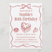 Cute Hand-Drawn Sweets & Ribbon Sweet 16 Birthday Einladung (Vorderseite)