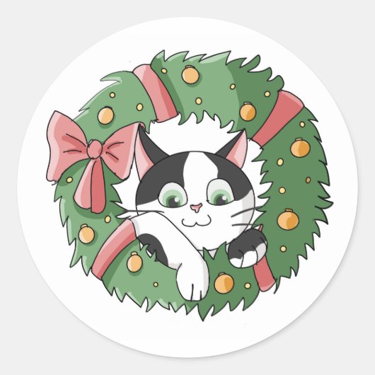 Cute Hanging Christmas Cartoon Kitty Runder Aufkleber (Vorderseite)