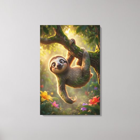 Cute Hanging Sloth 3D Cartoon Jungle Canvas Print Leinwanddruck (Vorderseite)
