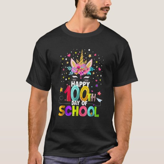 Cute Happy 100th Day Of School Unicorn Teacher Stu T-Shirt (Vorderseite)