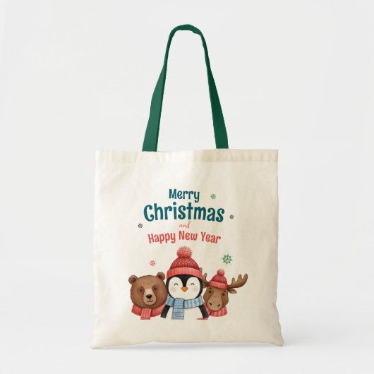 Cute Happy Animal Watercolor Christmas Tragetasche (Vorne)